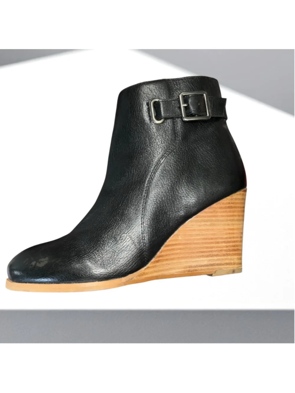 Diba Black Leather Zip Ankle Boots Buckle Strap Wood Look Wedge Heel Women Sz 8
